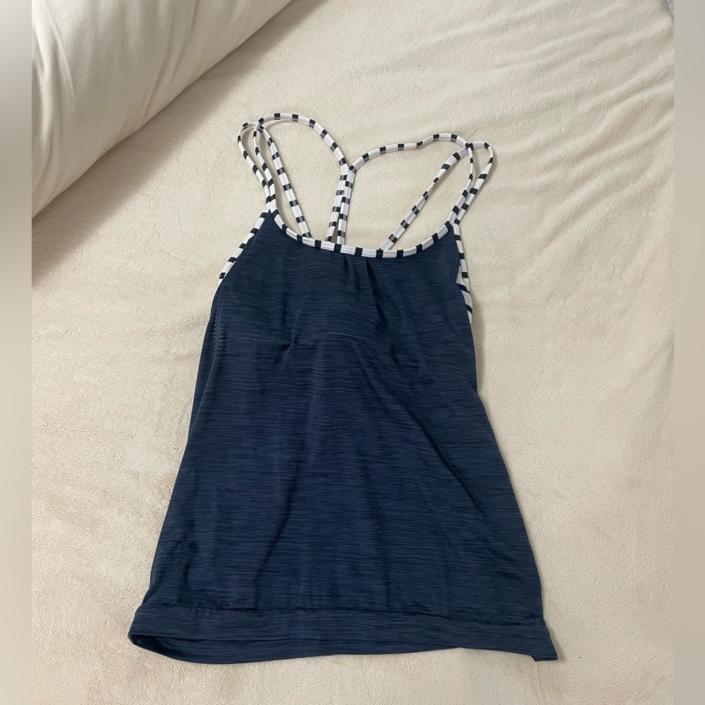Navy Blue and White Striped Workout Tank Top with Built in Bra